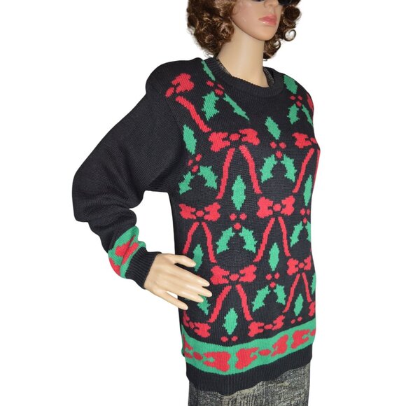 Vintage 90s Peddler Street Red Bow Holiday Crew Neck Sweater Women Size M Winter - Picture 2 of 10
